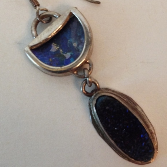 Druzy Quartz Roman Glass Earrings Sterling Silver Pierced Dangle Handcrafted - Picture 5 of 7